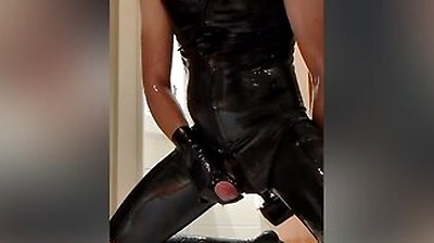 Latex Rubber Gimp Has Heavily Lubed Up And Slimy Hotel Anal Fun