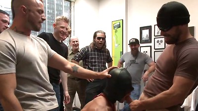 Muscled whore gets publicly fucked and doused with cum