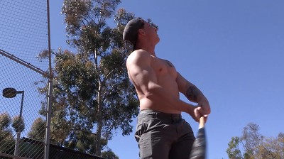 Hot muscled straight baseball player Jeremy shows his skills with baseball bat and boner