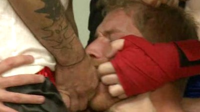 Loudmouth muscle-head gets taken down and gang fucked at a boxing gym