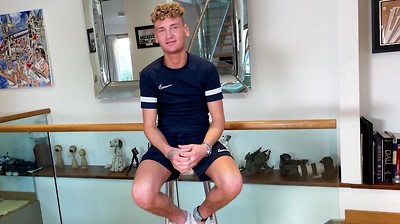 Young Slim & Blond Lad gets his Uncut Cock Wanked & he Shoots Cum all over his Abs!