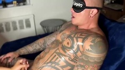 Blind Folded Damian Dragon Masturbates Hard Dick