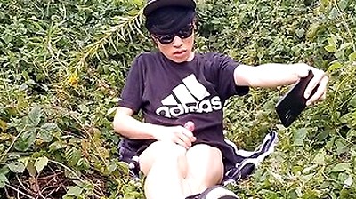 Cute French-asian Gay Twink Jerks Off His Shaved Cock Outside Cums Thick Cum Sticking To His Fingers