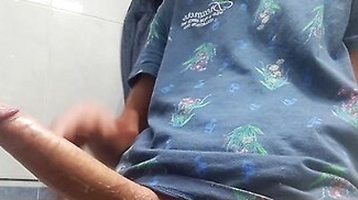 Hot Handsome Shows You His Huge Hard Penis Squirting On The Bathroom Floor